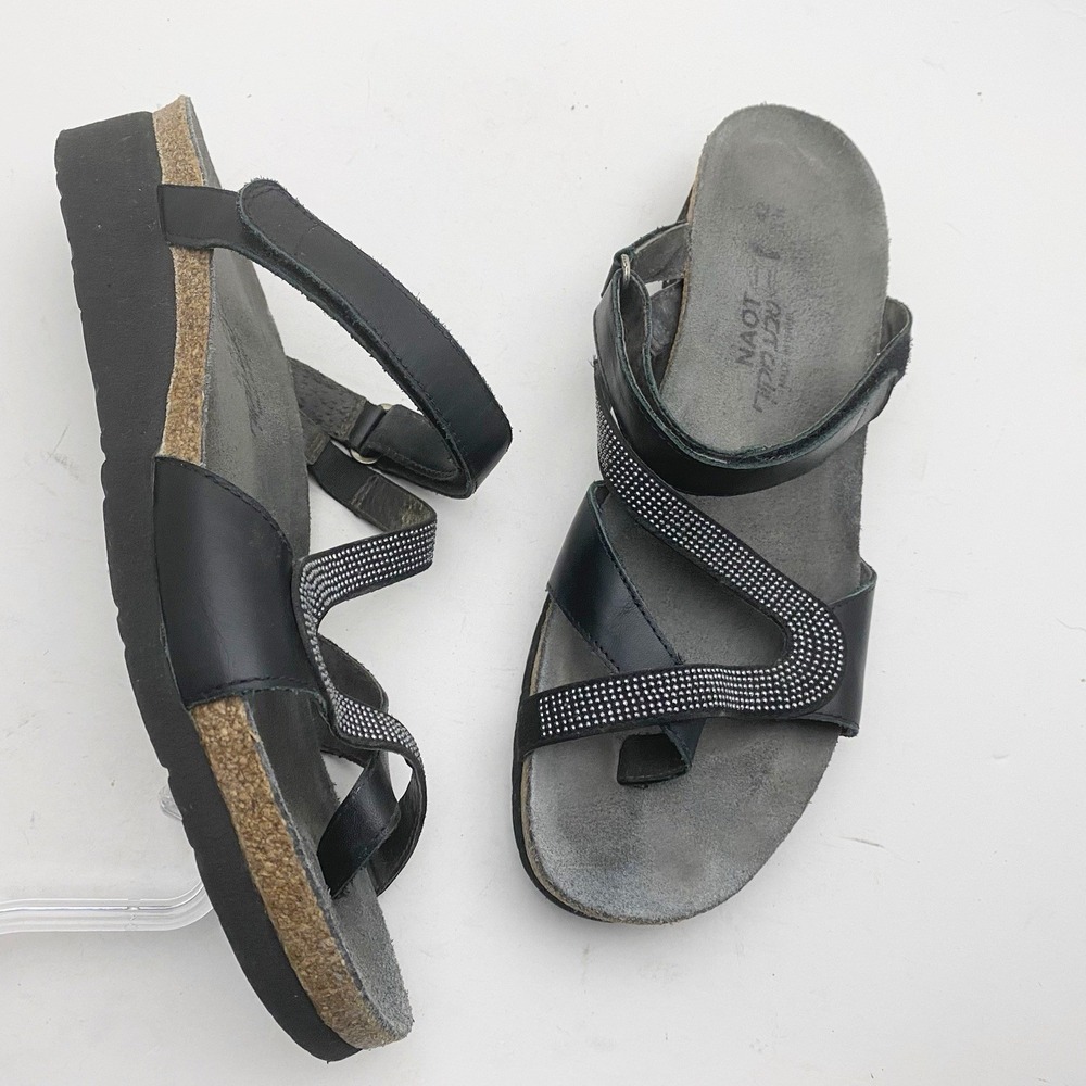 Naot‎ Giovanni Rhinestone Leather Wedge Toe Loop Sandals Womens 11 EU 42 Black
